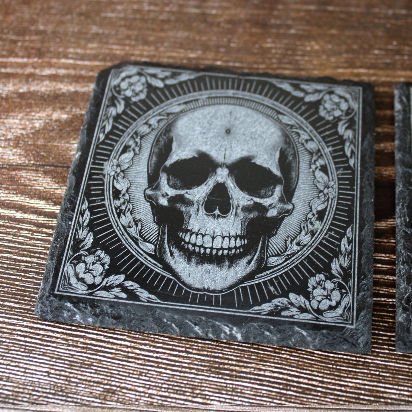 Pair of Slate Coasters - Elaborate skull design