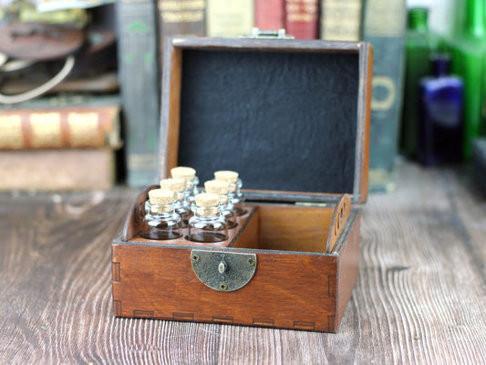 Half and Half Wooden Apothecary Chest - 6 glass bottles