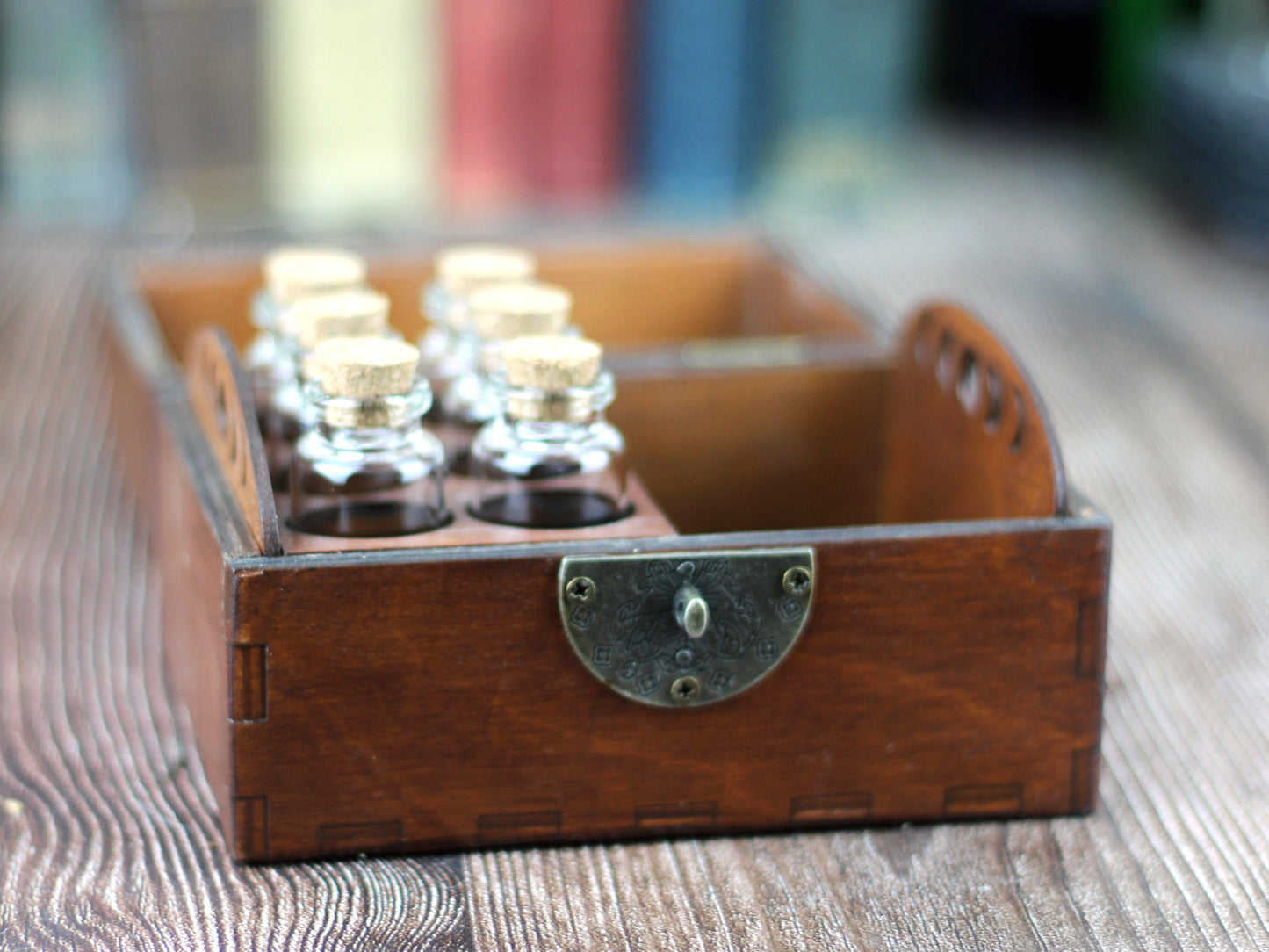 Half and Half Wooden Apothecary Chest - 6 glass bottles