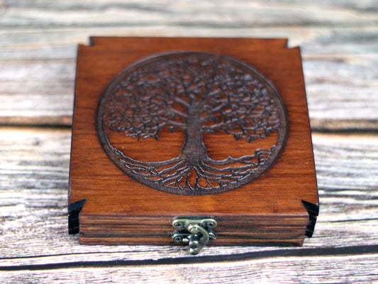 Obsidian Scrying Mirror in Maltese Cross Wooden Box – Tree of Life Design