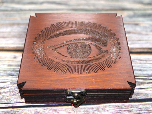 Obsidian Scrying Mirror in Maltese Cross Wooden Box - Seeing Eye Design