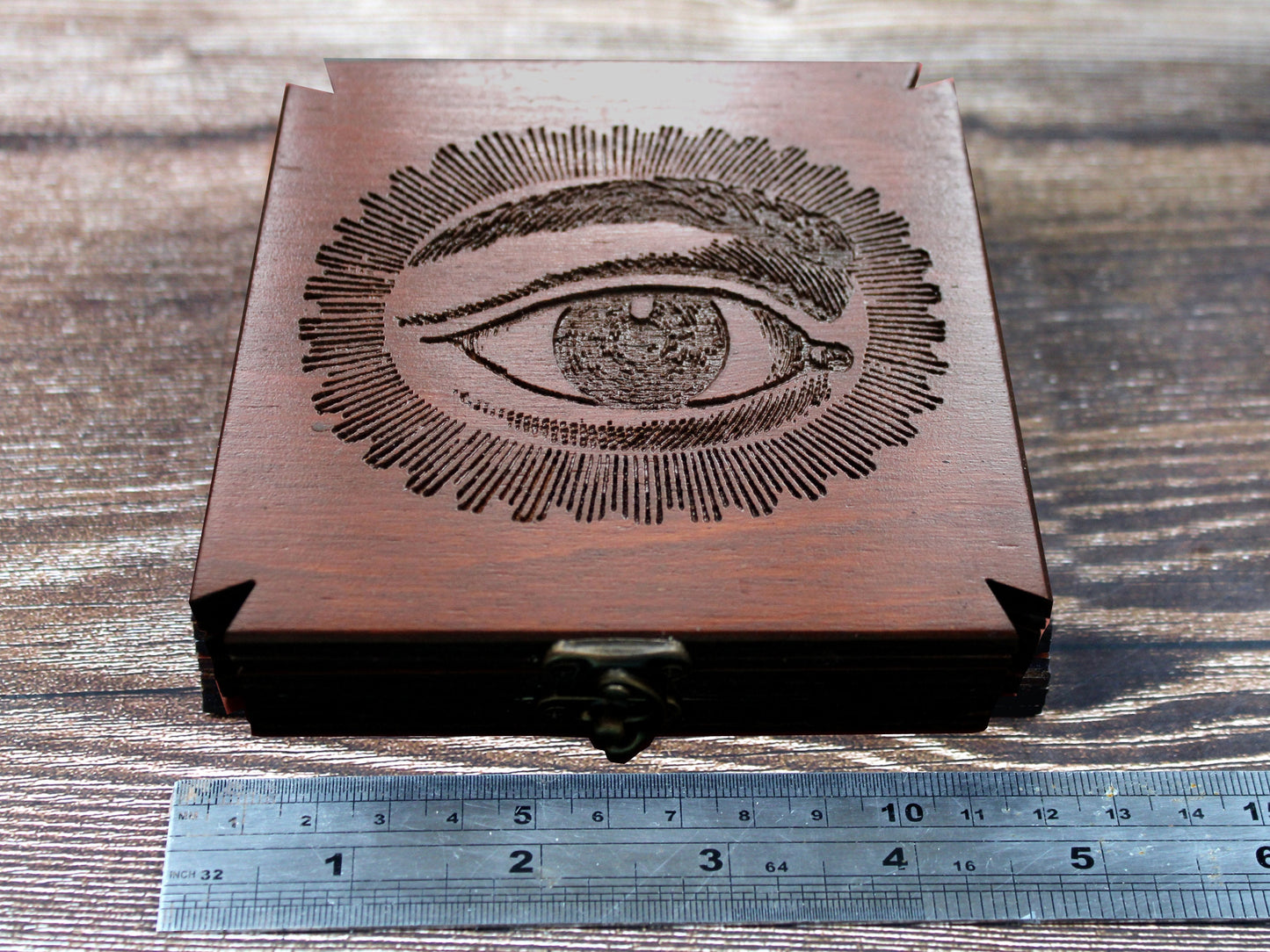 Obsidian Scrying Mirror in Maltese Cross Wooden Box - Seeing Eye Design