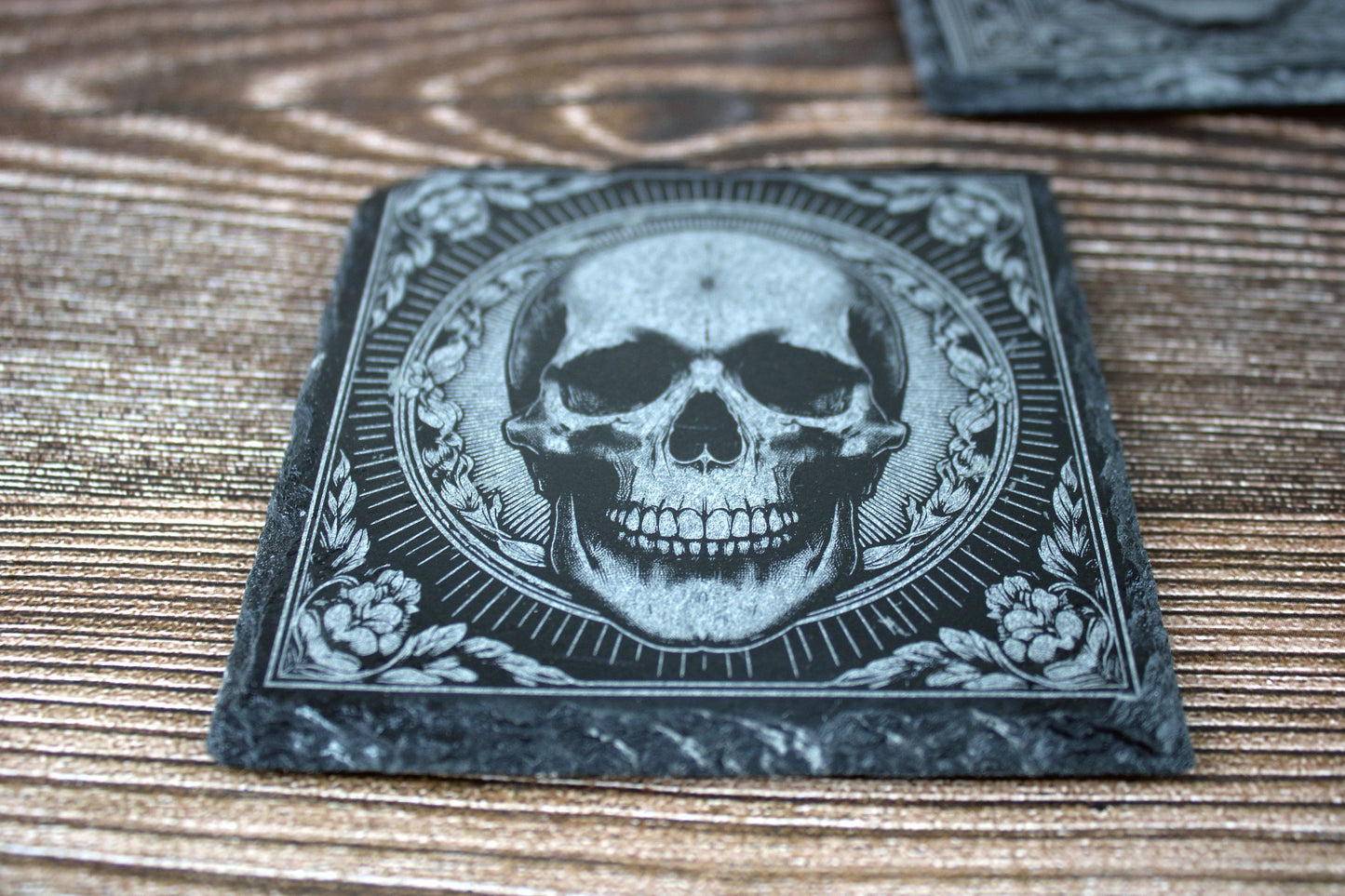 Pair of Slate Coasters - Elaborate skull design