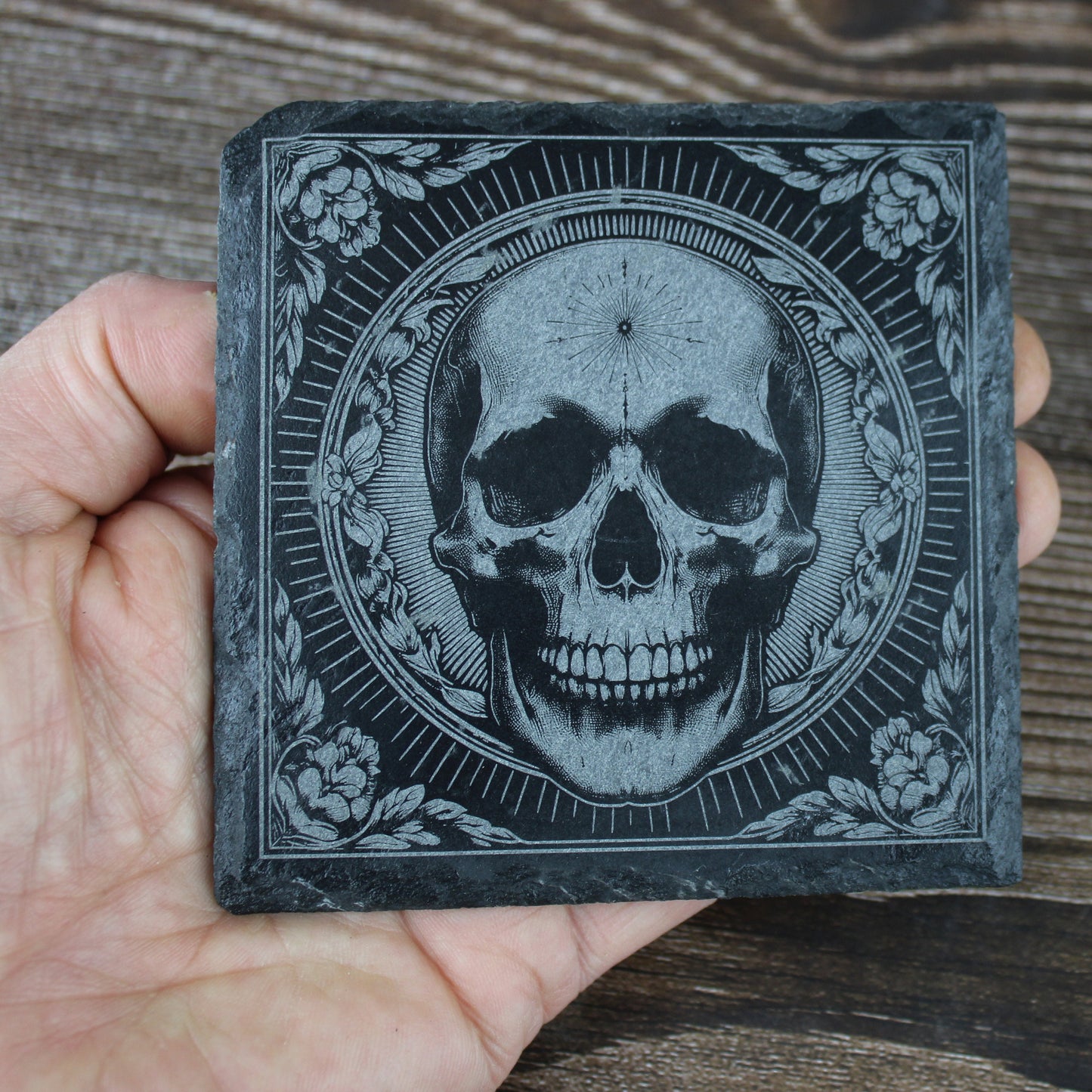 Pair of Slate Coasters - Elaborate skull design