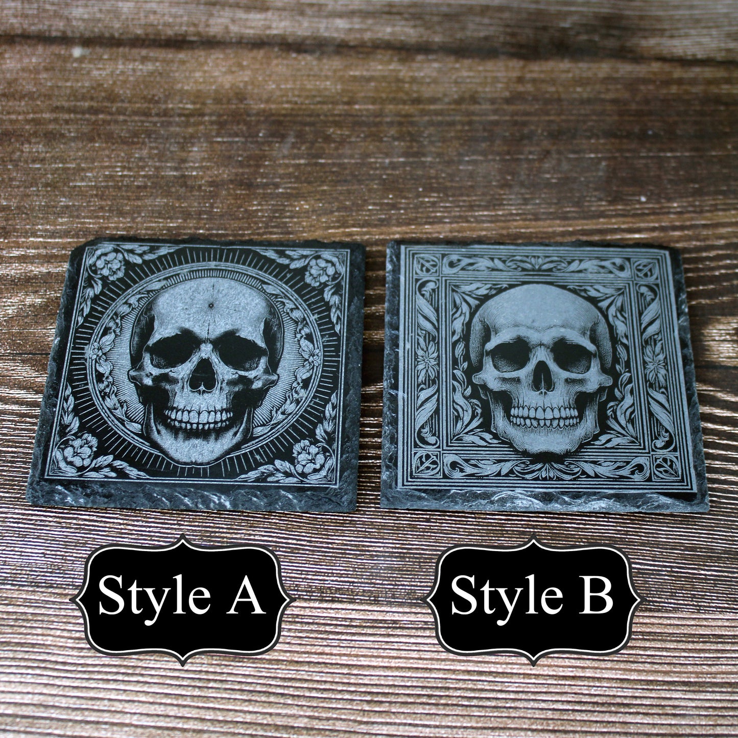 Pair of Slate Coasters - Elaborate skull design