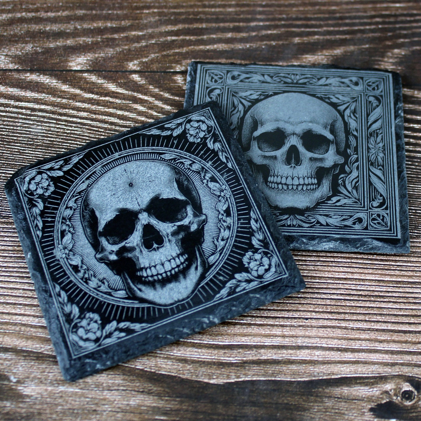 Pair of Slate Coasters - Elaborate skull design