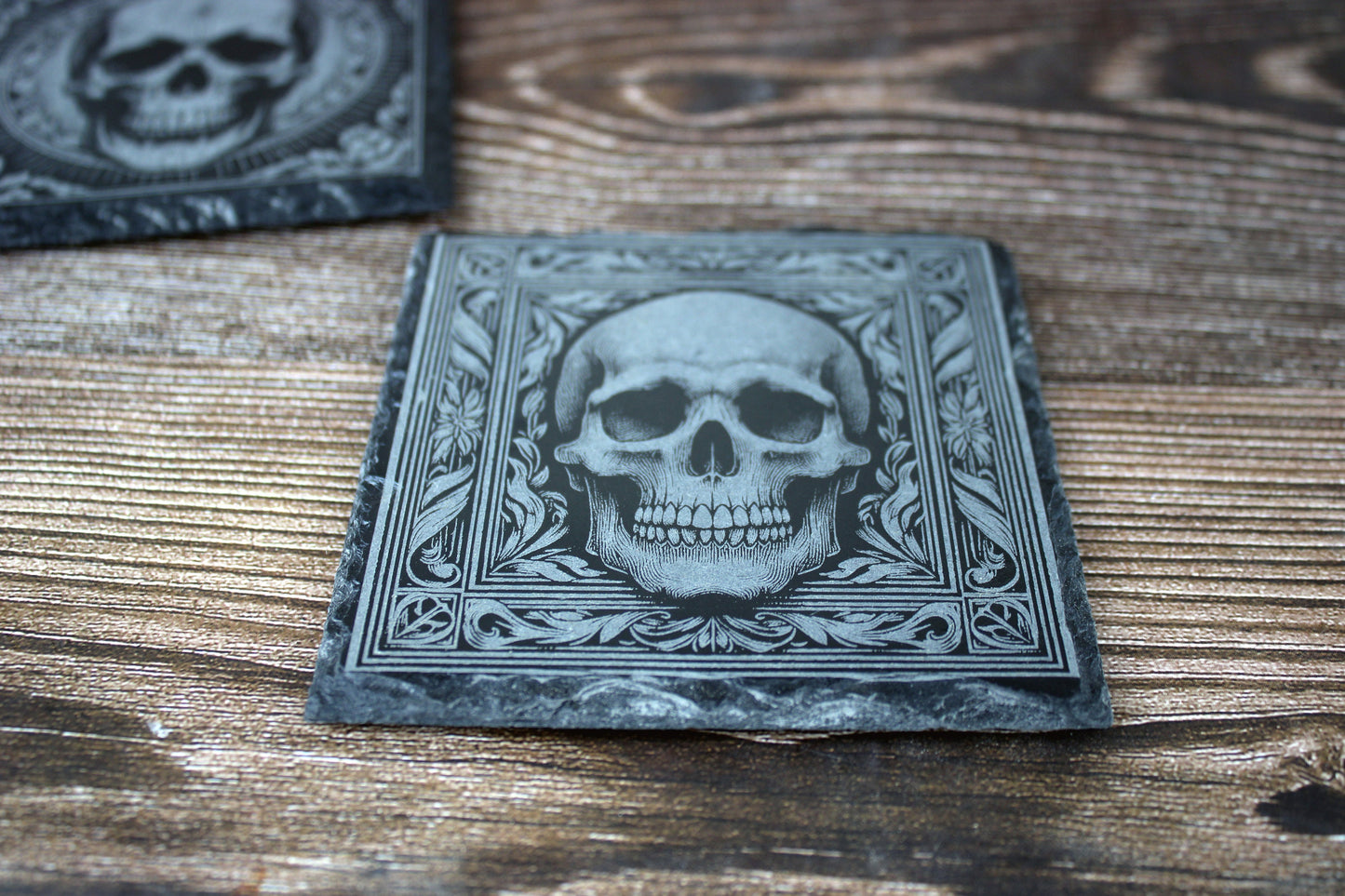 Pair of Slate Coasters - Elaborate skull design