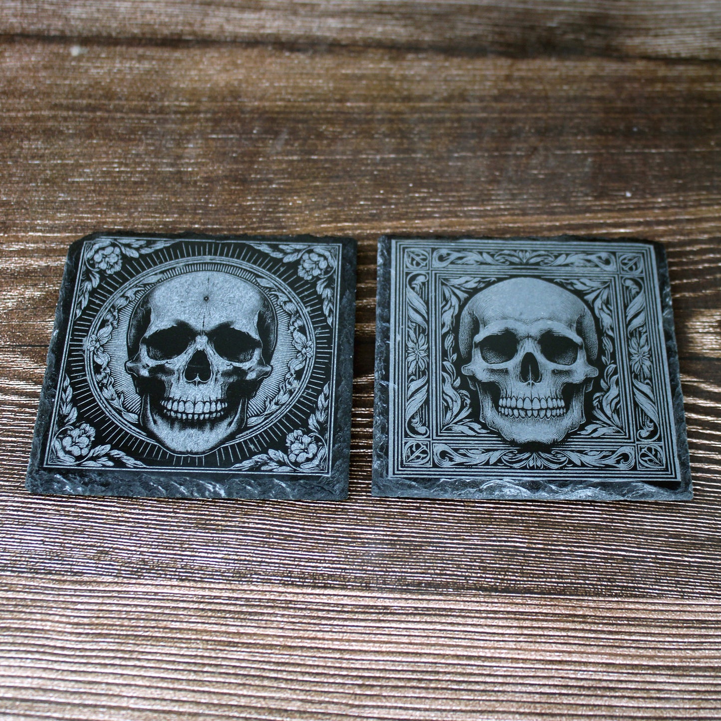 Pair of Slate Coasters - Elaborate skull design