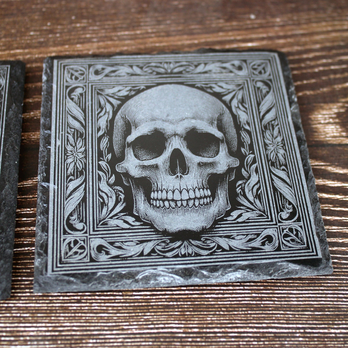 Pair of Slate Coasters - Elaborate skull design