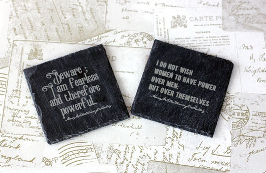 Slate coasters with engraved Mary Shelley feminist quotes, great housewarming gift or wedding present