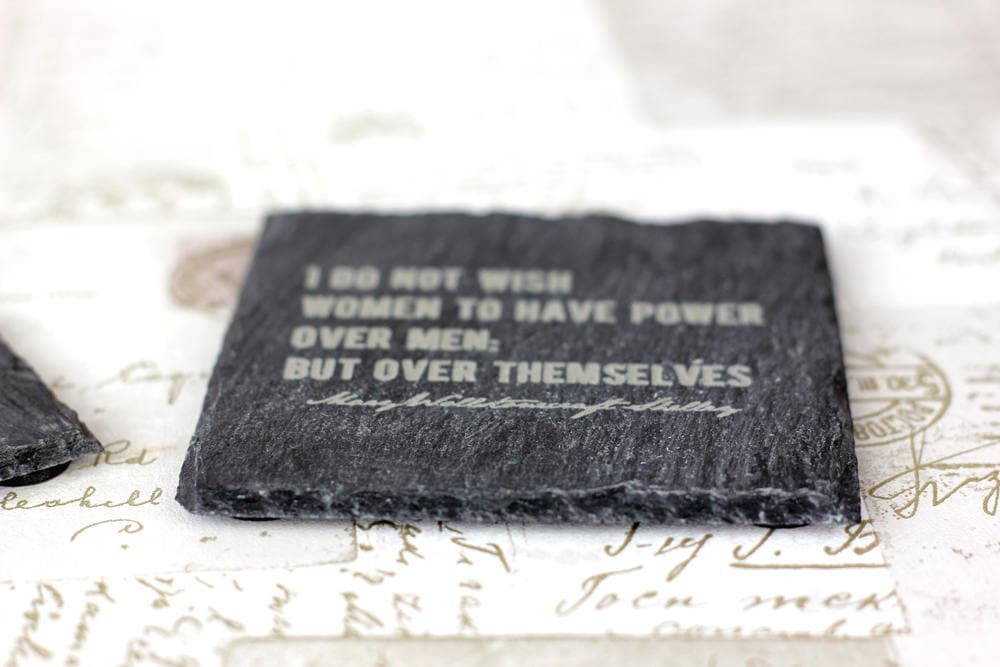Slate coasters with engraved Mary Shelley feminist quotes, great housewarming gift or wedding present