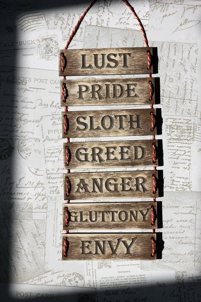 Seven Deadly Sins wall plaque, cascading wooden sign engraved with the seven deadly sins,Halloween decoration, 7 deadly sins,