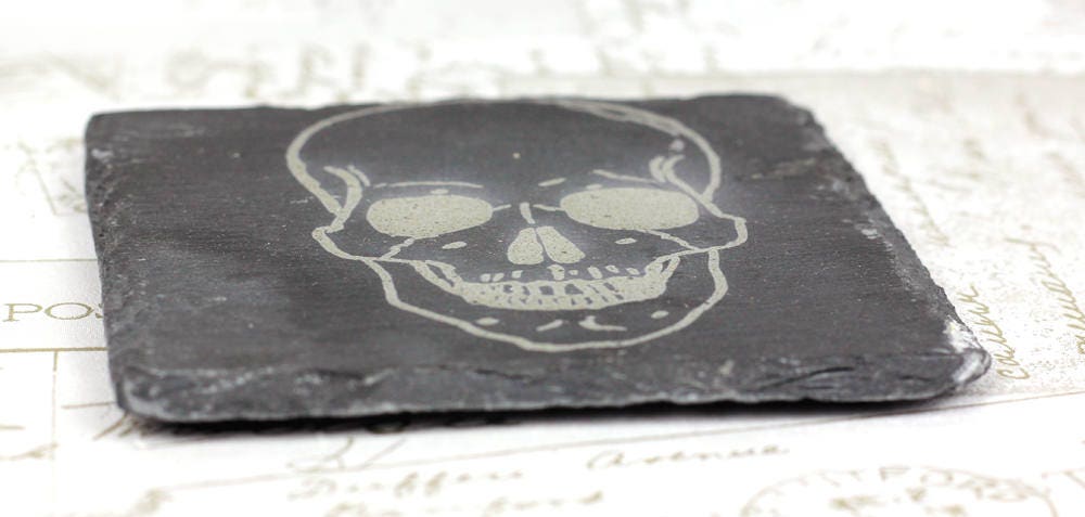 Pair of slate coasters with engraved skulls, Halloween present, great housewarming gift or wedding present