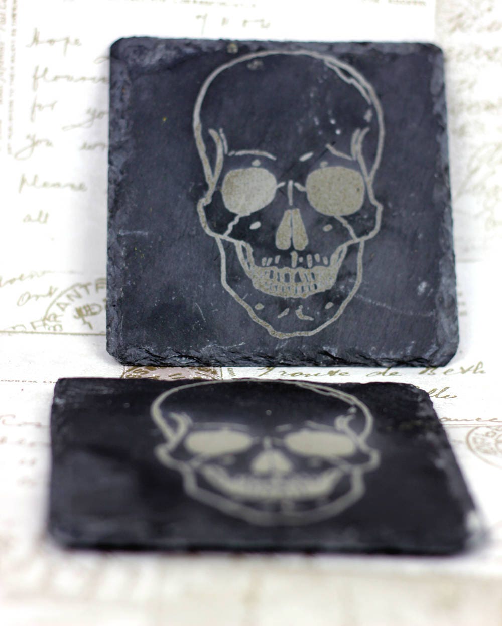 Pair of slate coasters with engraved skulls, Halloween present, great housewarming gift or wedding present
