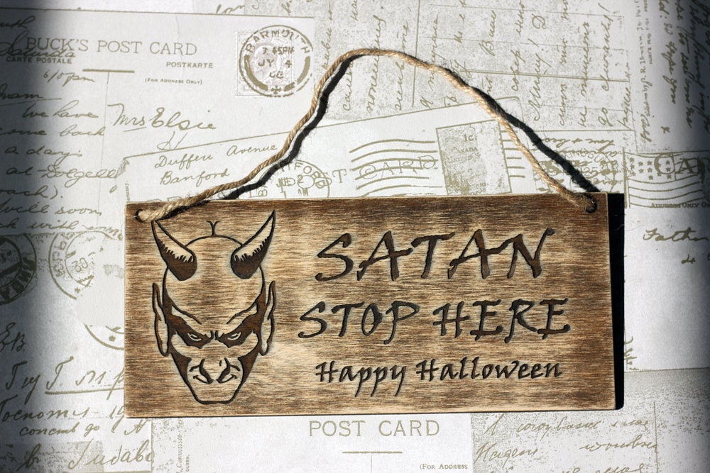 Engraved wooden Halloween sign, "Satan stop here", wooden wall sign, funny halloween sign, satanic, devil, Happy Halloween