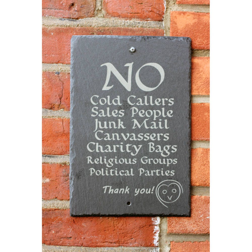 Slate no cold callers sign, stop cold callers and stop junk mail with this housewarming gift, choose an owl, dog, cat or your own icon