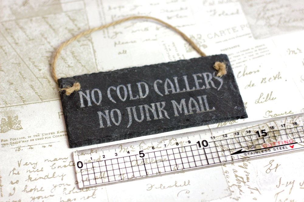 Small slate " No cold caller  No Junk Mail" sign. Stop unwanted callers, salesmen, junkmail, canvassers