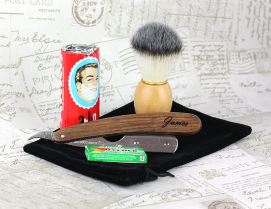 Personalised straight cut throat razor set with disposable blades, brush and soap