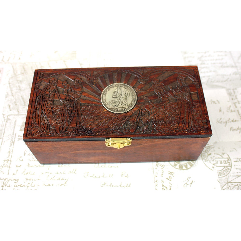 Woodcut keepsake box with gothic skull coin design, could be wooden pencil case, wooden trinket box, Wicca box or wooden jewellery Box