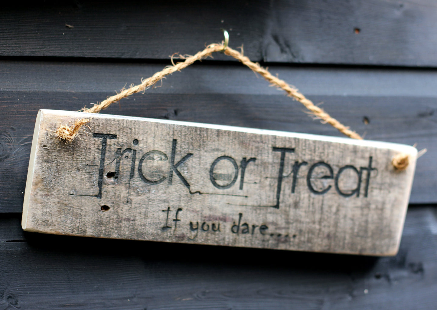 Reversible wooden Halloween trick or treat sign, No Trick or Treat sign, engraved recycled wooden trick or treat sign