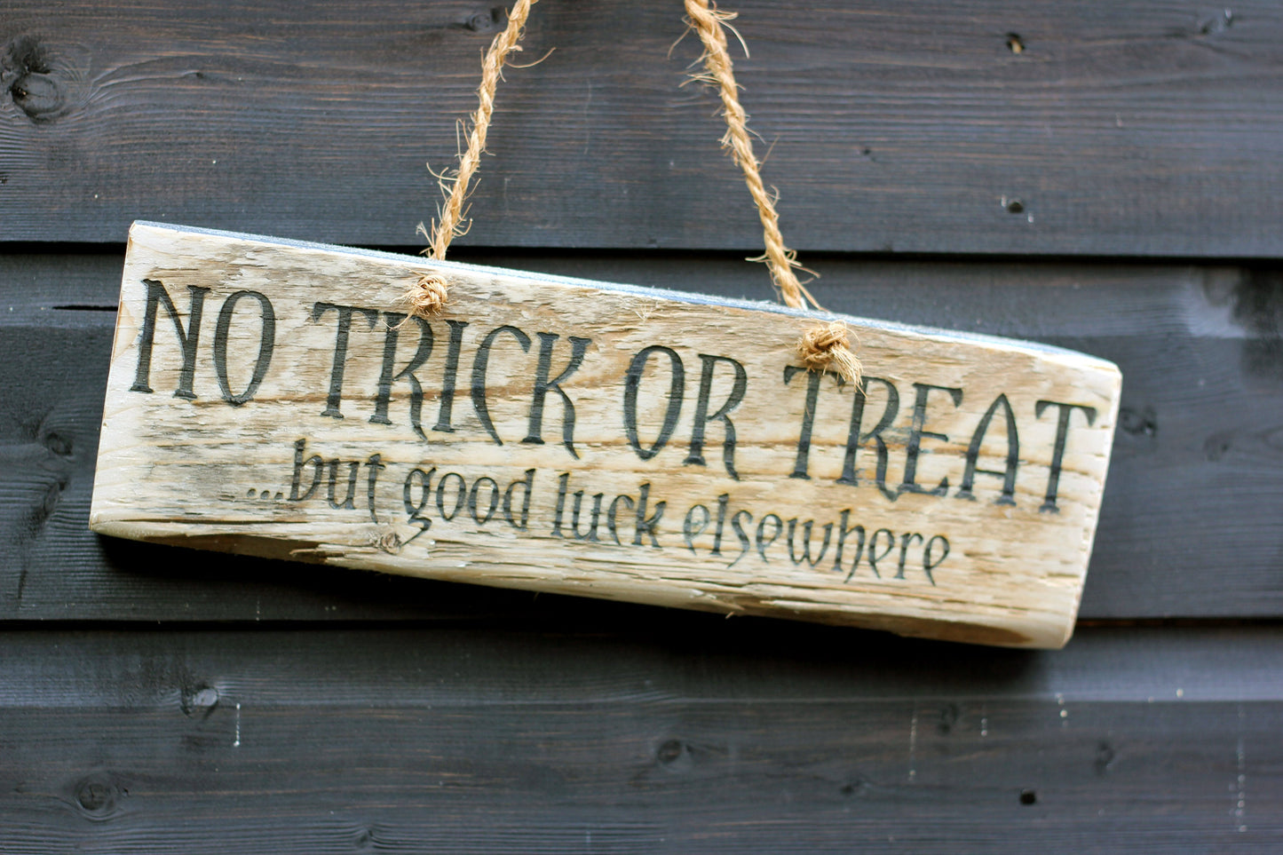 Halloween No Trick or Treat sign, engraved recycled wooden no trick or treat sign, Keep unwanted visitors away