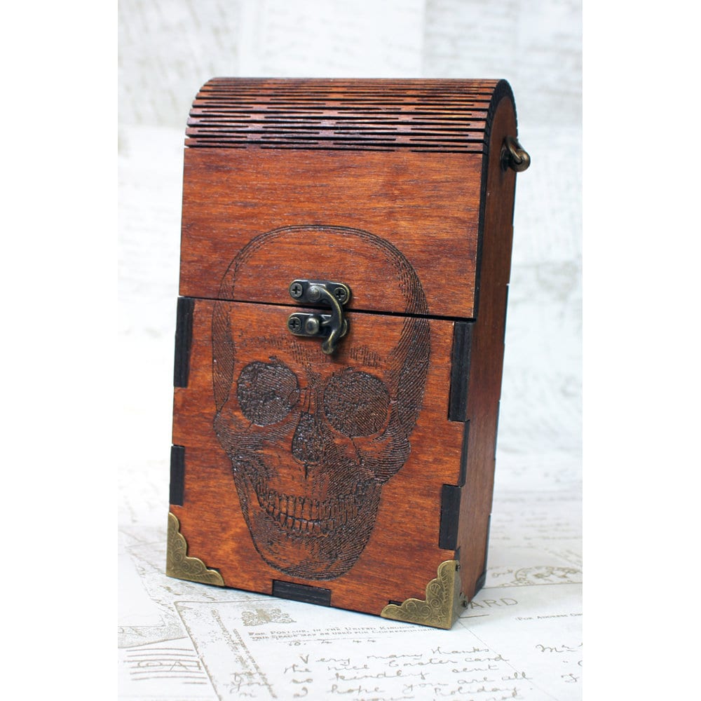 Wooden purse with skull design and living hinge, skull purse, wooden handbag, small handbag, purse with skull, skull bag, gothic purse