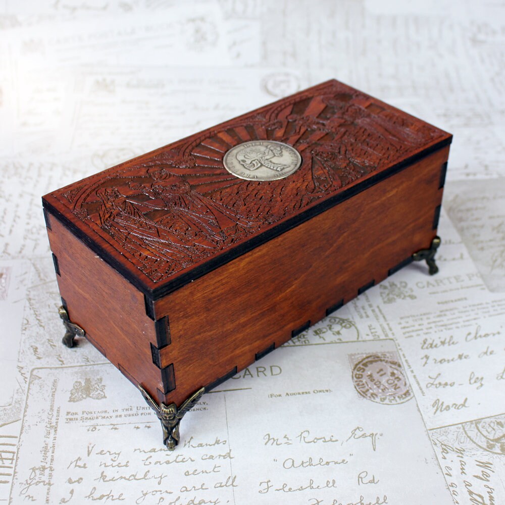 Fancy woodcut trinket box with skull coin design, keepsake box, wooden pencil case, wooden trinket box, gothic, Wicca box, Jewellery Box
