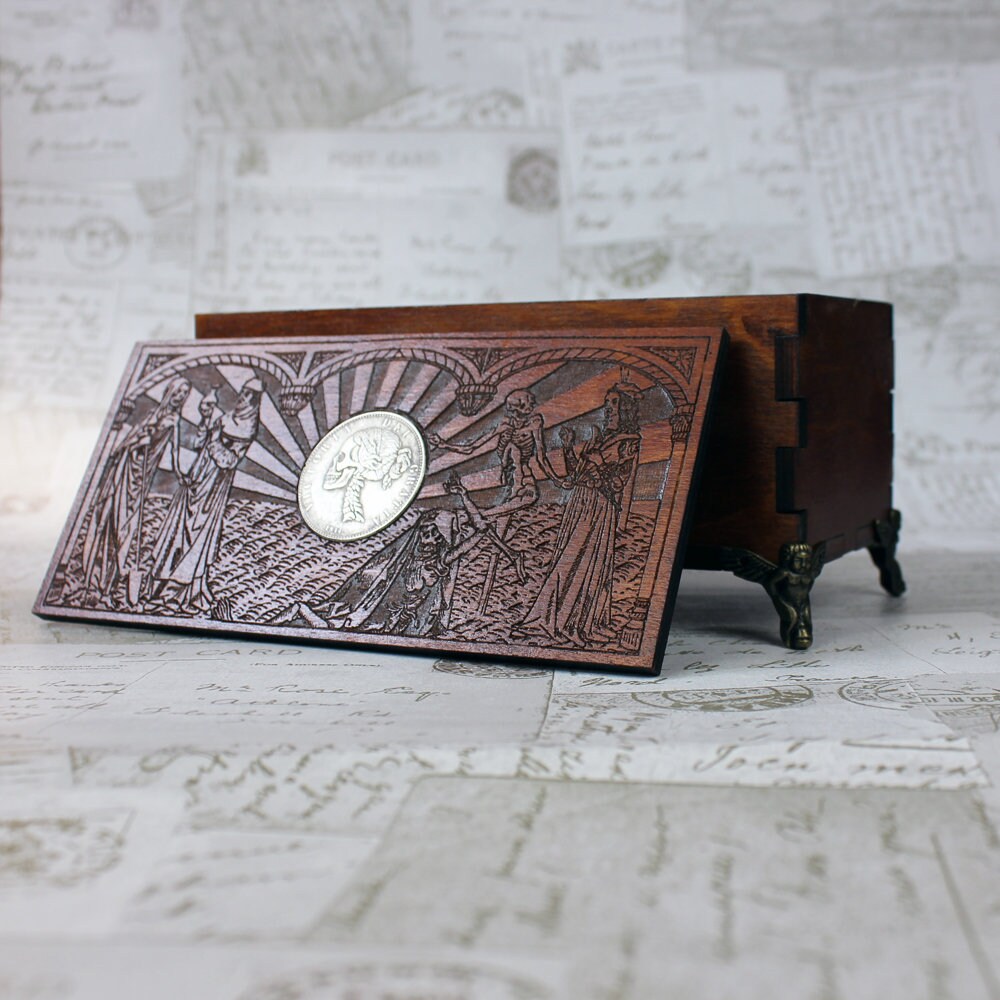 Fancy woodcut trinket box with skull coin design, keepsake box, wooden pencil case, wooden trinket box, gothic, Wicca box, Jewellery Box