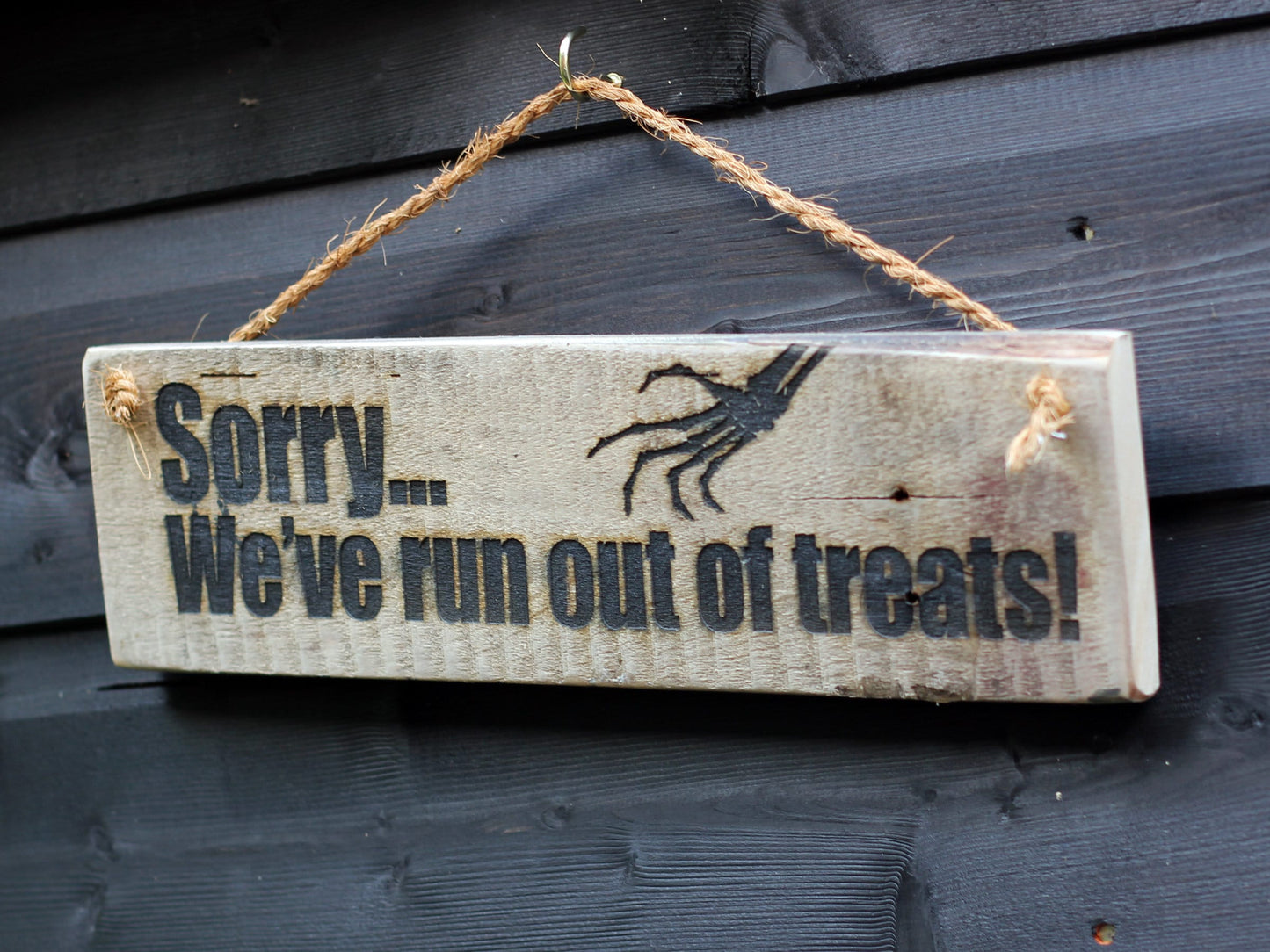 Reversible wooden Halloween trick or treat sign, No Trick or Treat sign, engraved recycled wooden trick or treat sign