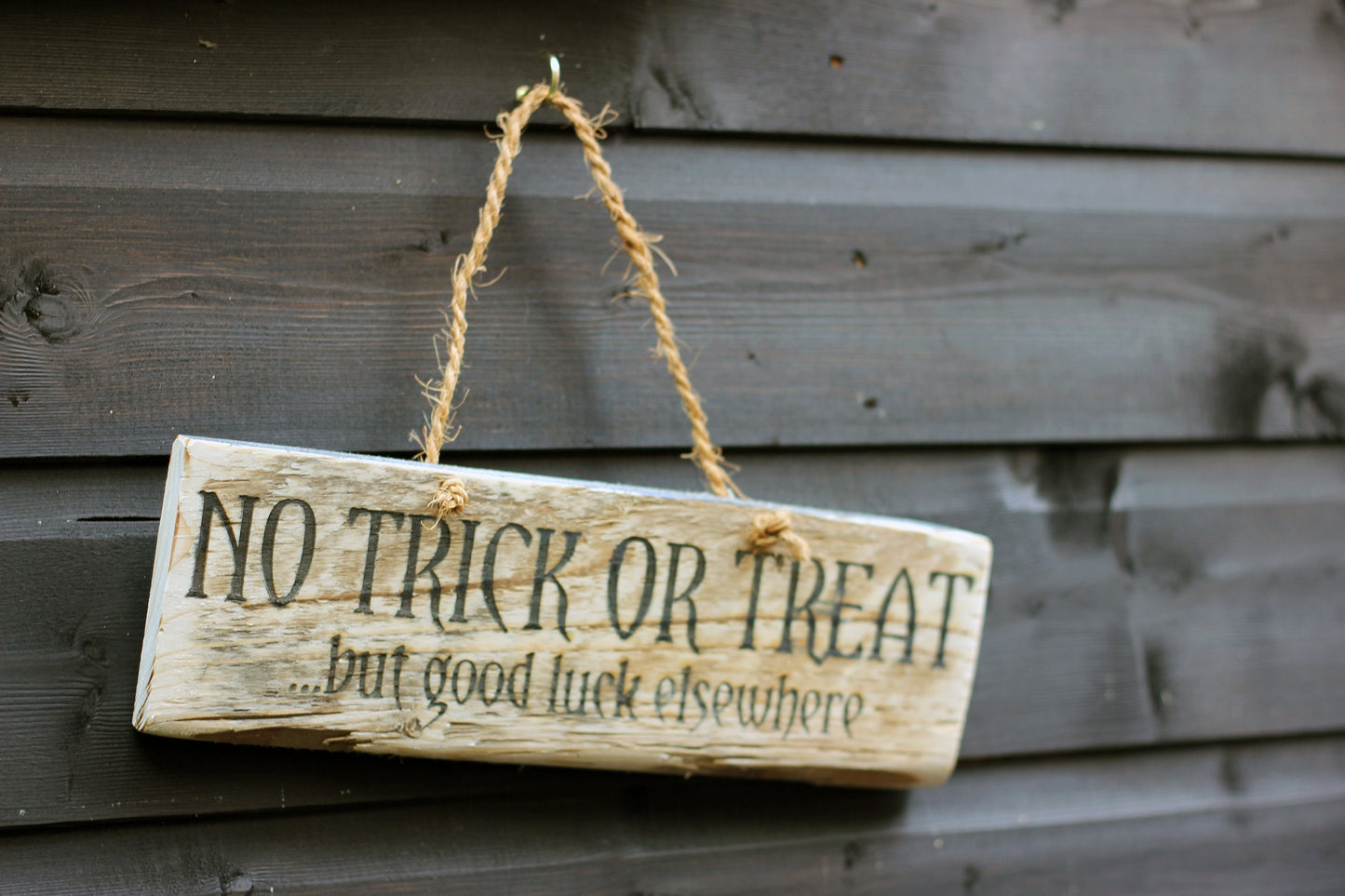 Halloween No Trick or Treat sign, engraved recycled wooden no trick or treat sign, Keep unwanted visitors away