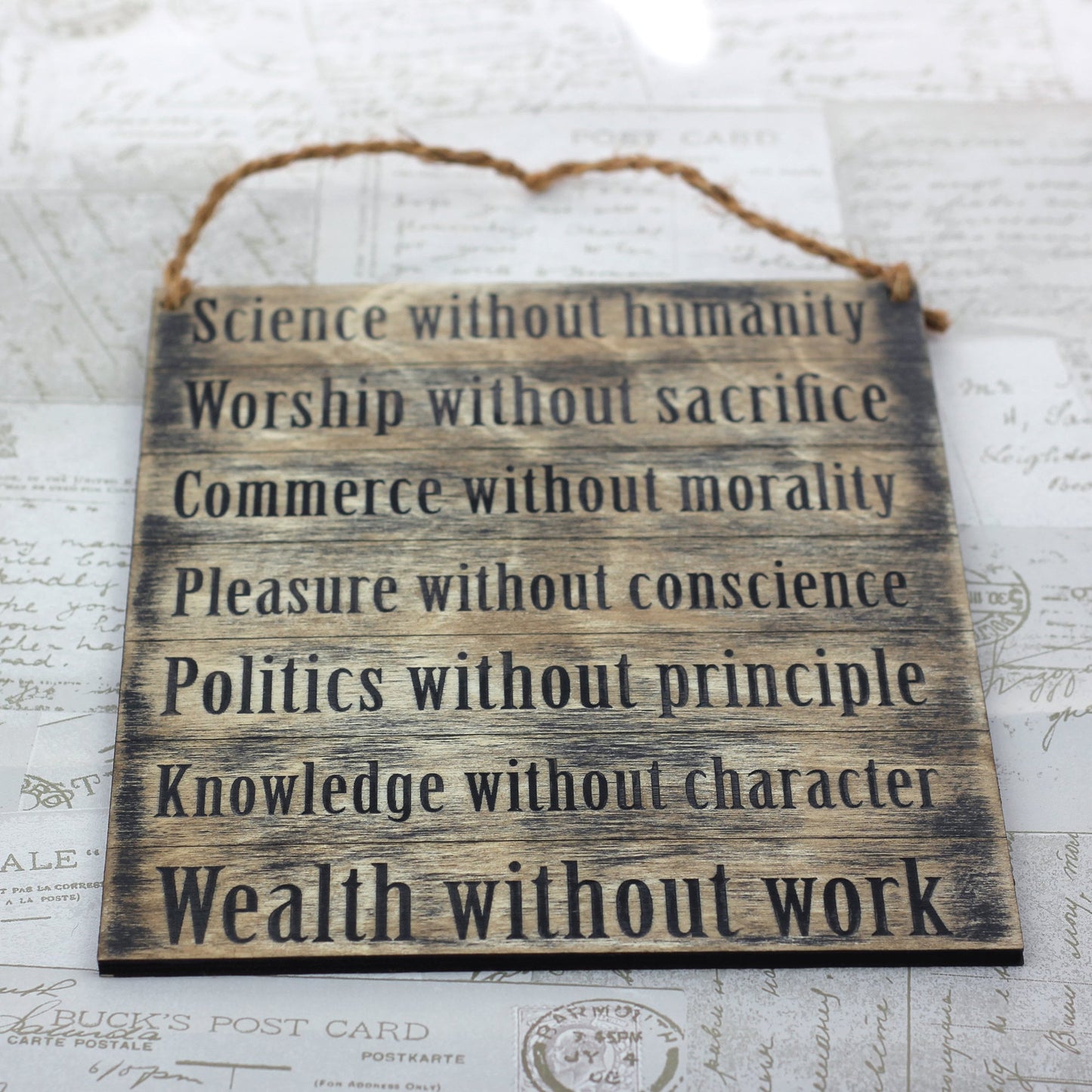 Wooden wall plaque of Ghandi's Seven Social Sins, Seven Deadly Sins of the modern age, wood plaque, wall sign, philosophy sign,
