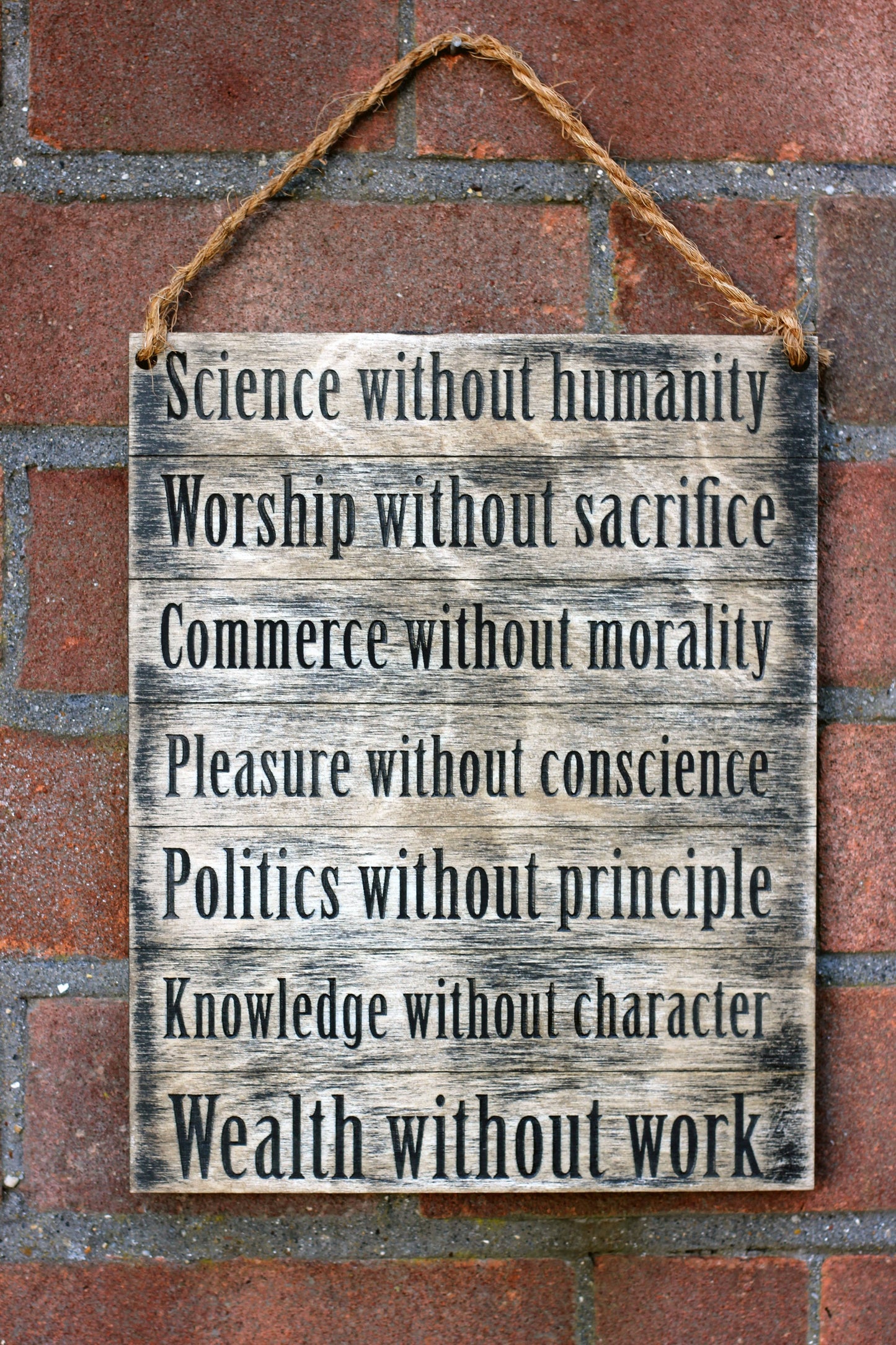Wooden wall plaque of Ghandi's Seven Social Sins, Seven Deadly Sins of the modern age, wood plaque, wall sign, philosophy sign,
