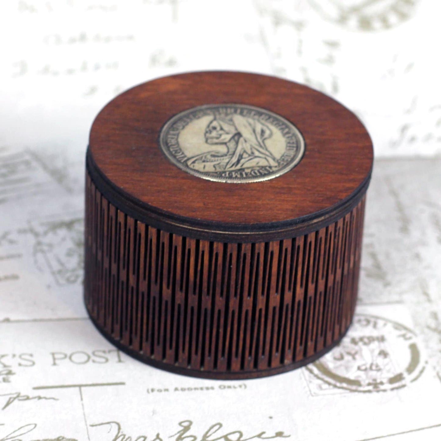 Skull Coin Design Personalised wooden keepsake box with living hinge side, a gothic jewellery box, Victorian style custom wood trinket