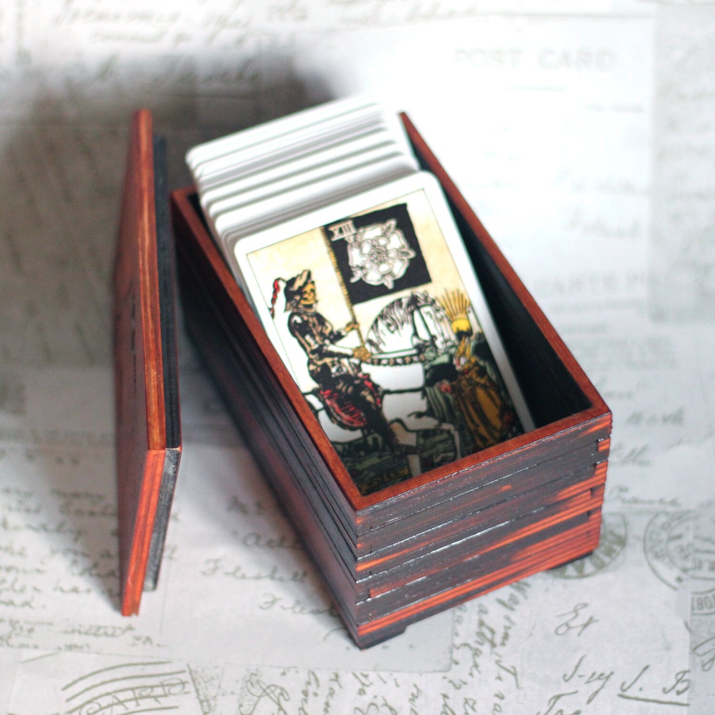 Wooden Tarot card box with death card design. A death card keepsake box for Tarot cards or jewellery box, custom Tarot deck for Wicca