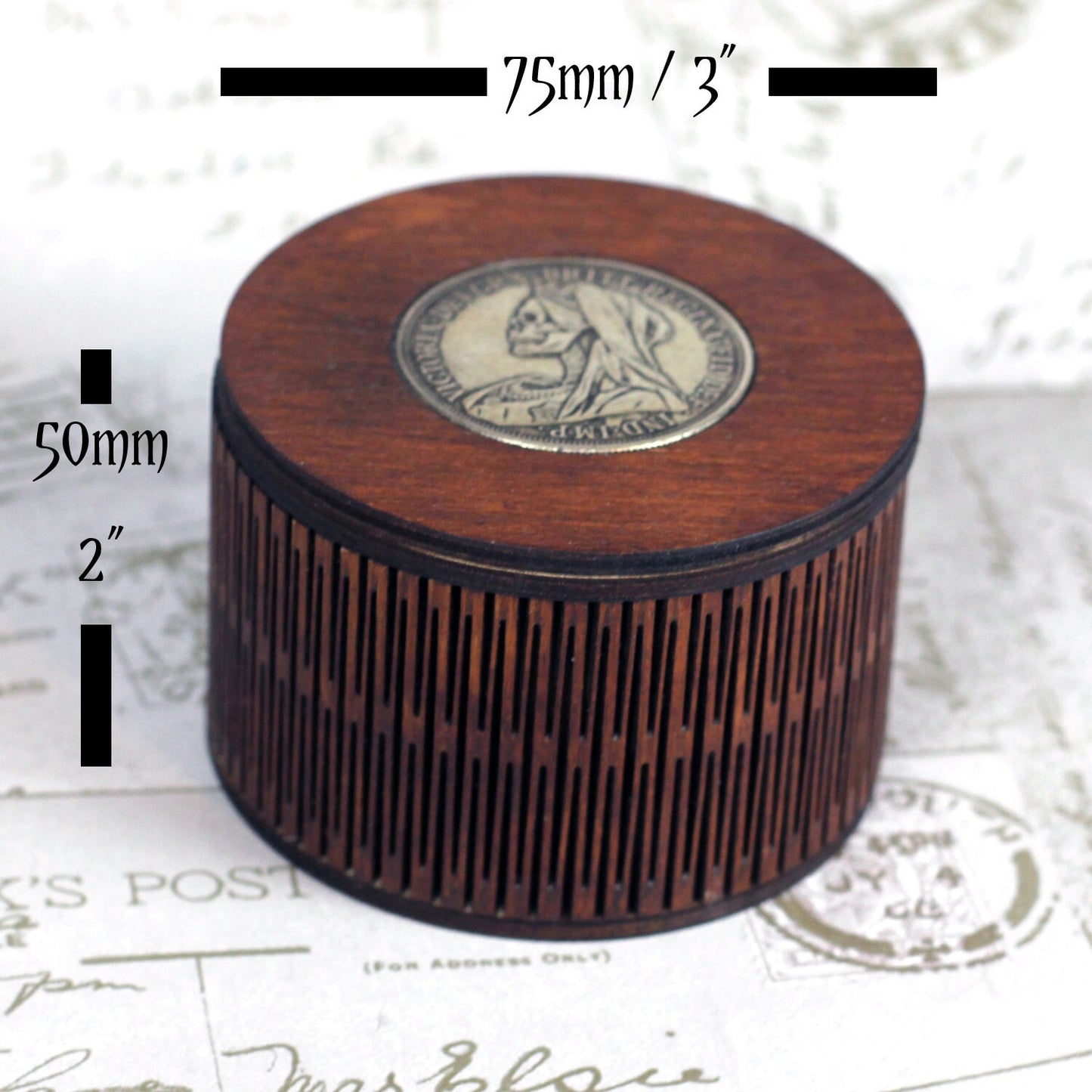 Leonardo da Vinci's Vitruvian Man coin design personalised wooden keepsake box. A gothic jewellery box, Victorian style custom wood trinket