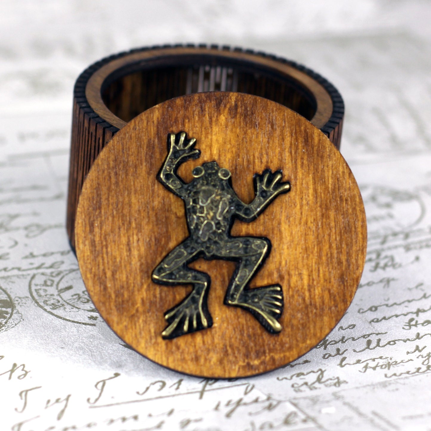 Personalised wooden keepsake box with frog charm lid and living hinge side, gothic jewellery box, Victorian style custom trinket