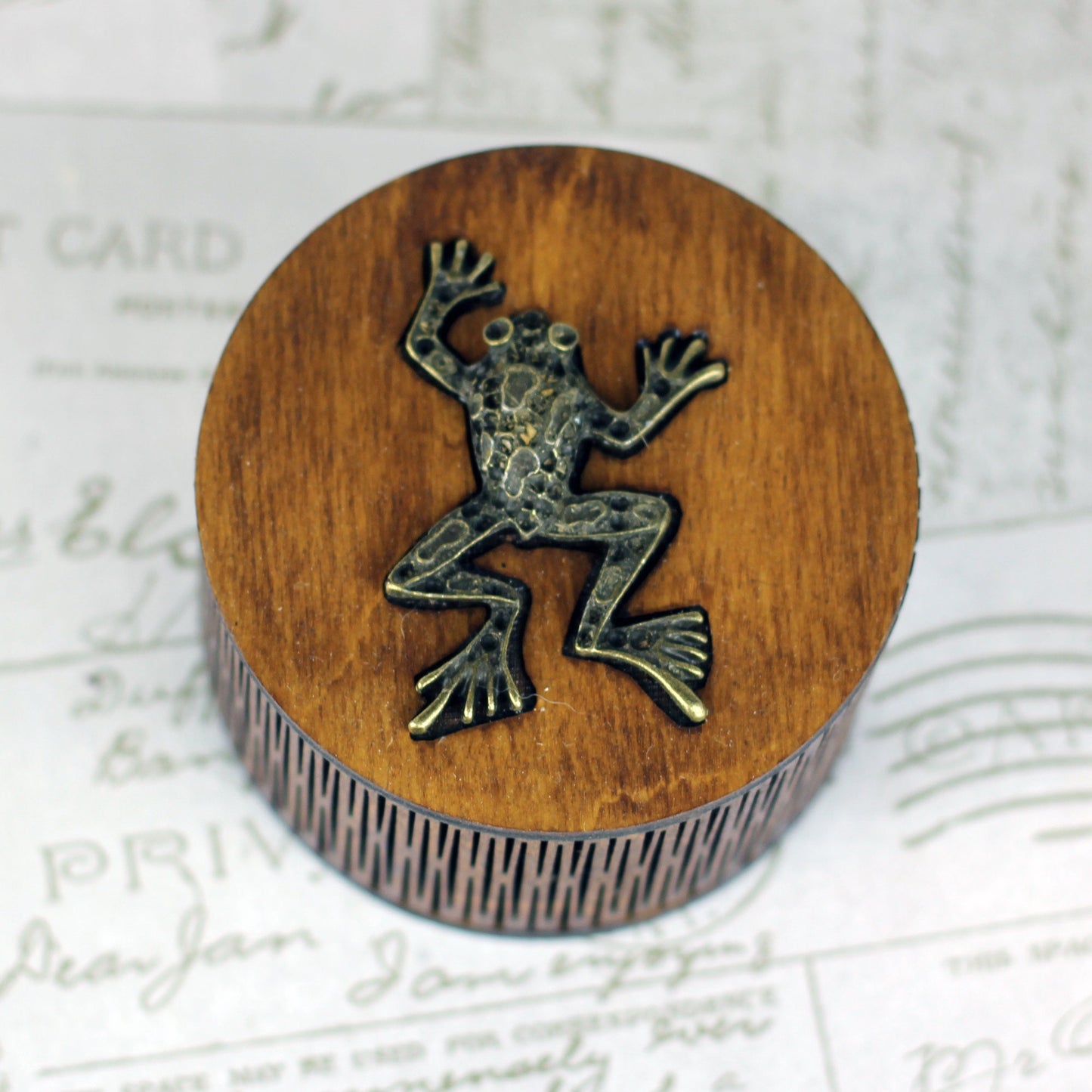 Personalised wooden keepsake box with frog charm lid and living hinge side, gothic jewellery box, Victorian style custom trinket