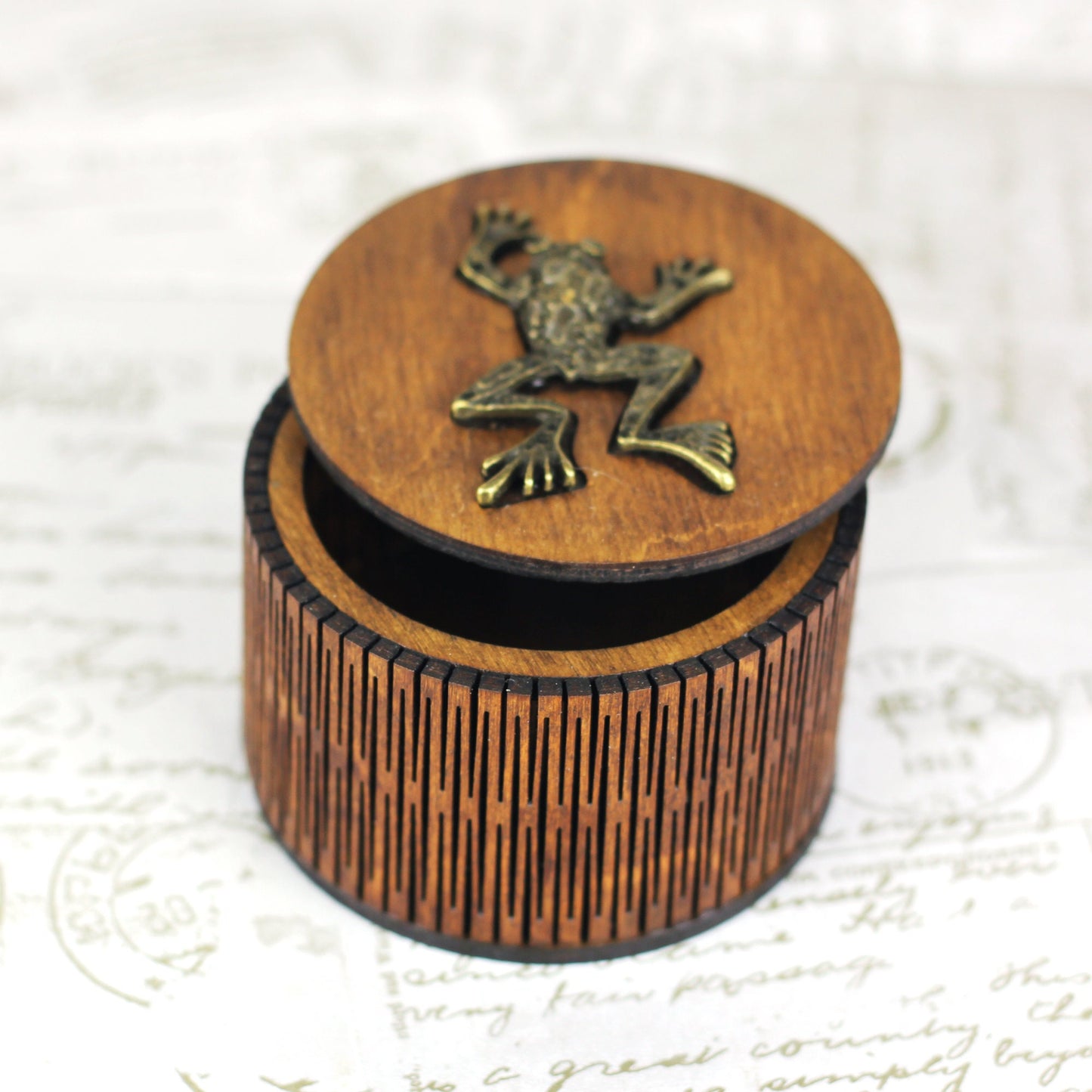 Personalised wooden keepsake box with frog charm lid and living hinge side, gothic jewellery box, Victorian style custom trinket