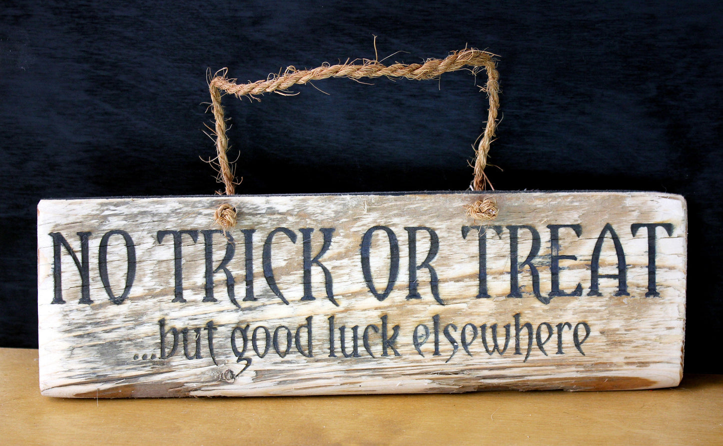 Halloween No Trick or Treat sign, engraved recycled wooden no trick or treat sign, Keep unwanted visitors away