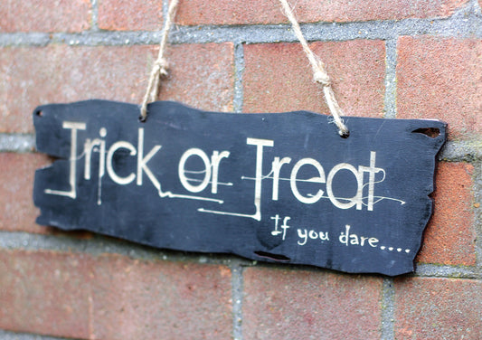 Large reversible wooden Halloween trick or treat sign, No Trick or Treat sign, engraved wooden trick or treat sign