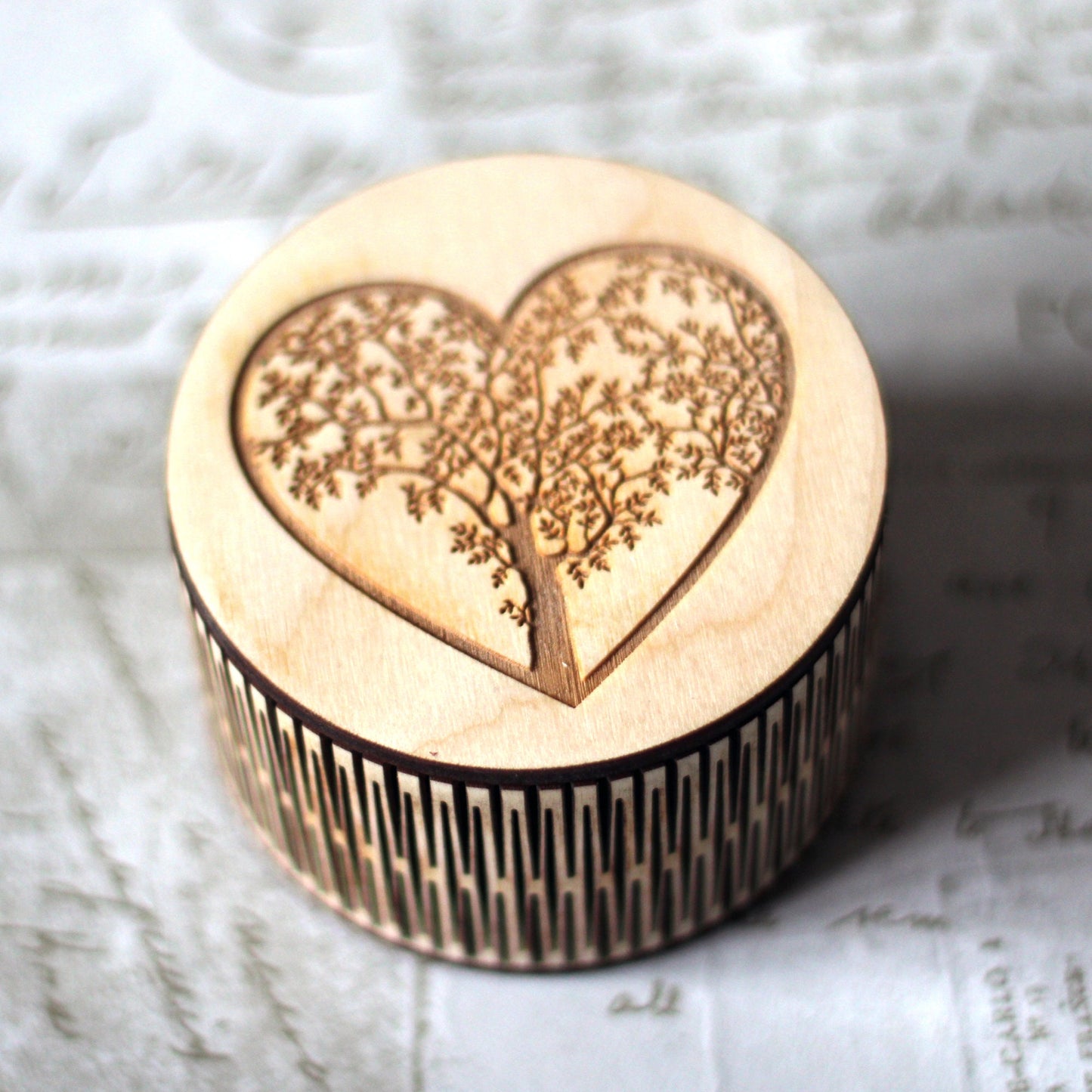 Engraved Wooden Heart trinket box with living hinge. For keepsakes treasures, a lovely Valentine or anniversary gift