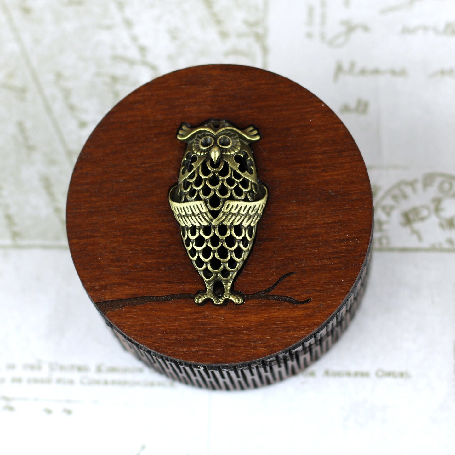 Owl Charm Design Personalised wooden keepsake box with living hinge side, gothic jewellery box, Victorian style custom trinket