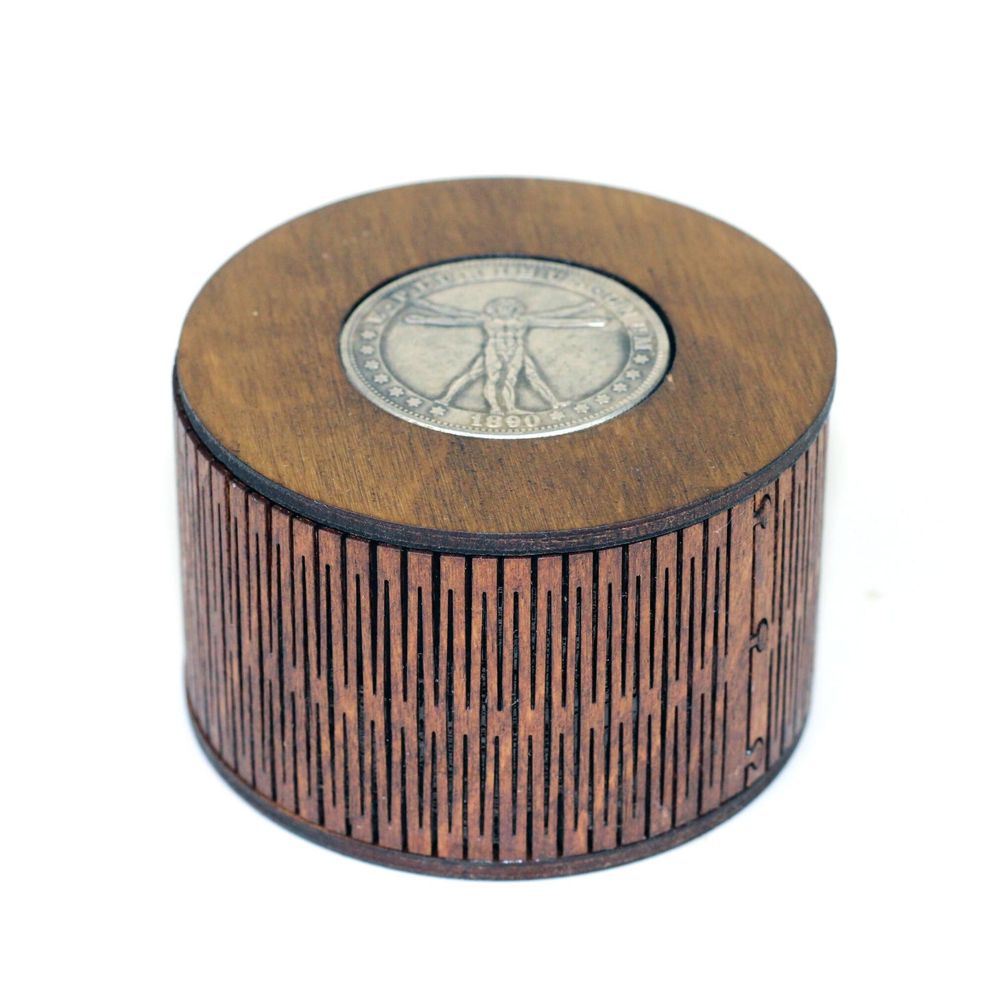 Leonardo da Vinci's Vitruvian Man coin design personalised wooden keepsake box. A gothic jewellery box, Victorian style custom wood trinket
