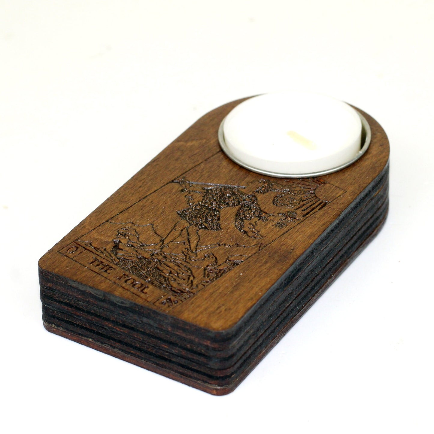 Engraved wooden candle holder with The Fool Tarot card and secret compartment, it holds tea light candle or nightlight, great gothic gift