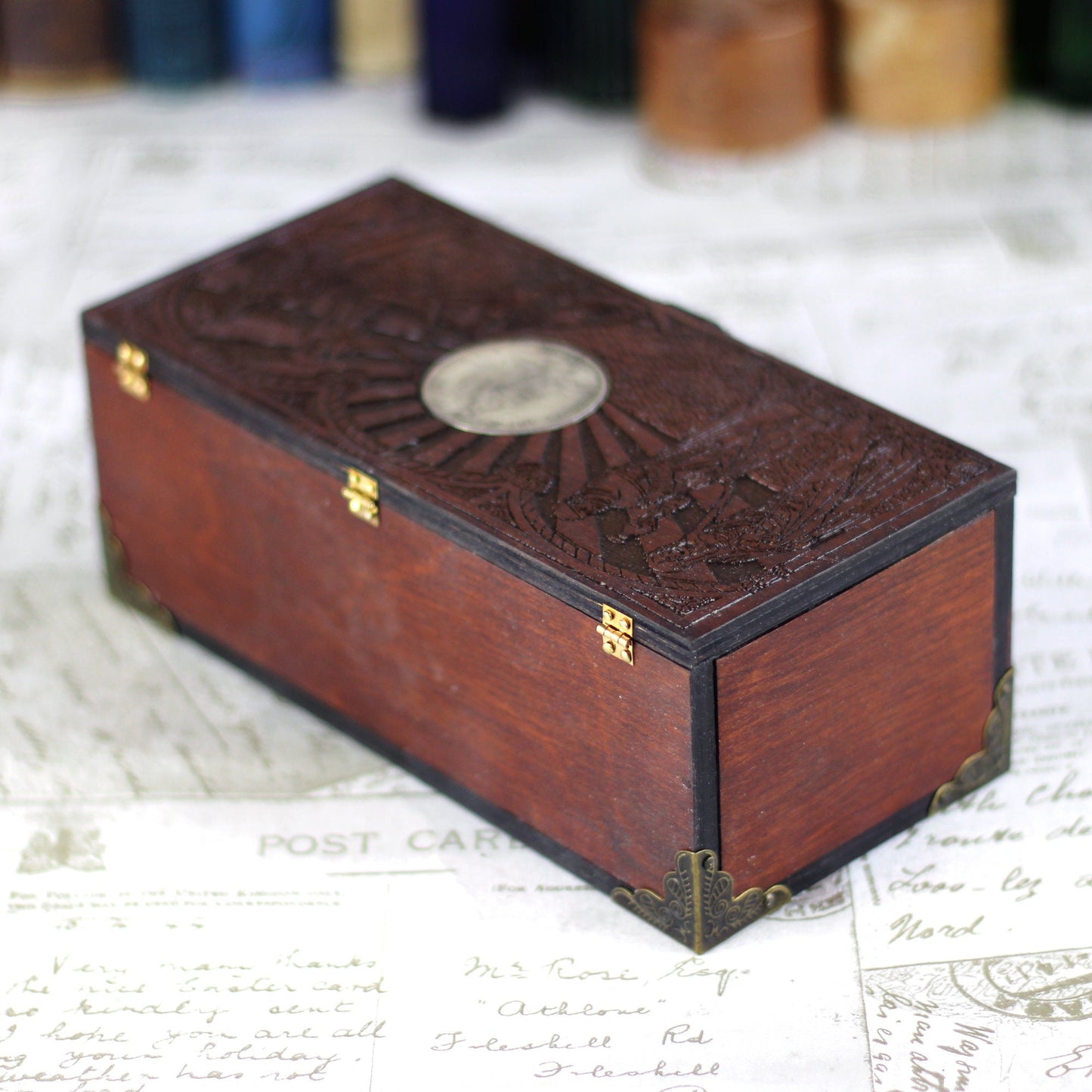 Woodcut keepsake box with gothic skull coin design, could be wooden pencil case, wooden trinket box, Wicca box or wooden jewellery Box