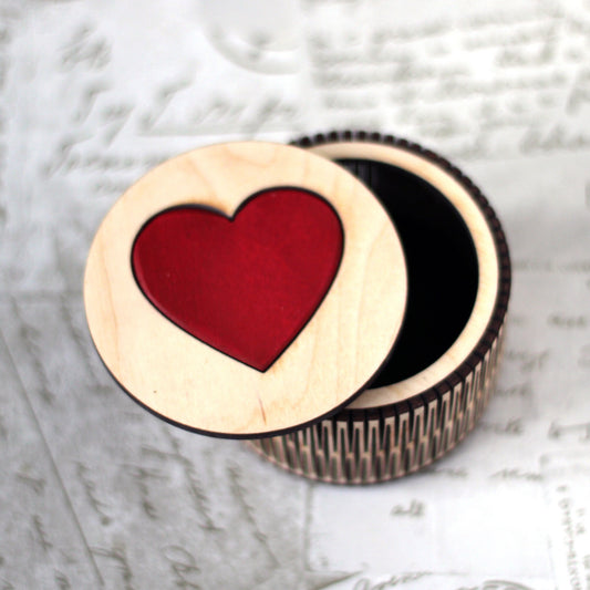 Red Heart Design Small wooden trinket box with living hinge. Use for keepsakes and treasures, a lovely Valentine or anniversary gift