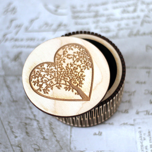 Engraved Wooden Heart trinket box with living hinge. For keepsakes treasures, a lovely Valentine or anniversary gift