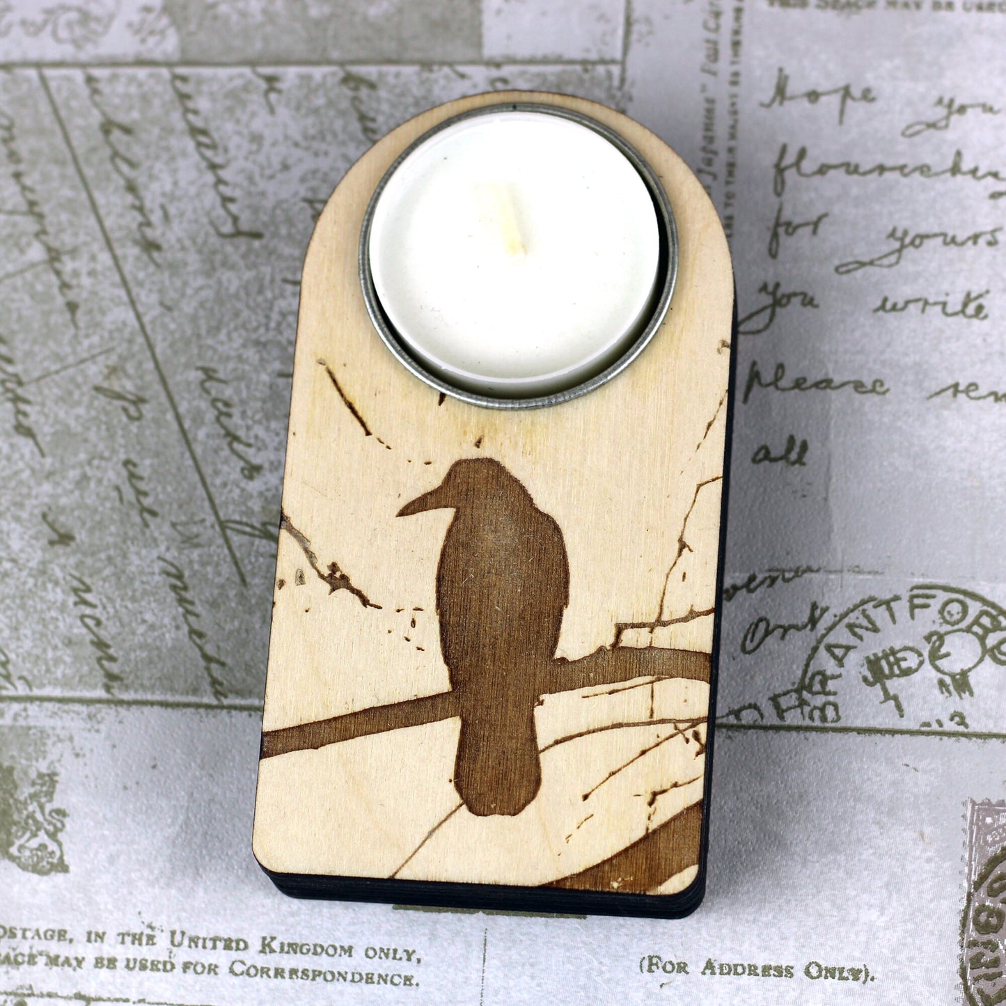 Engraved wooden candle holder with raven motif and secret compartment, it holds tea light candle or nightlight, great gothic gift