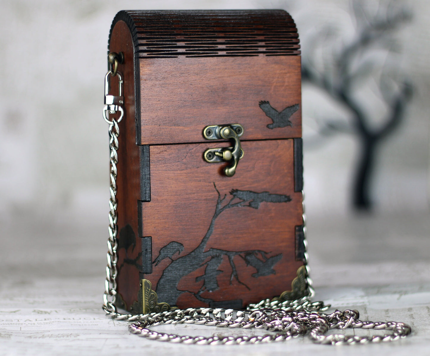 Gothic wooden shoulder purse with engraved crow design, this cross body purse or gothic bag has a living hinge design and is a vegan bag
