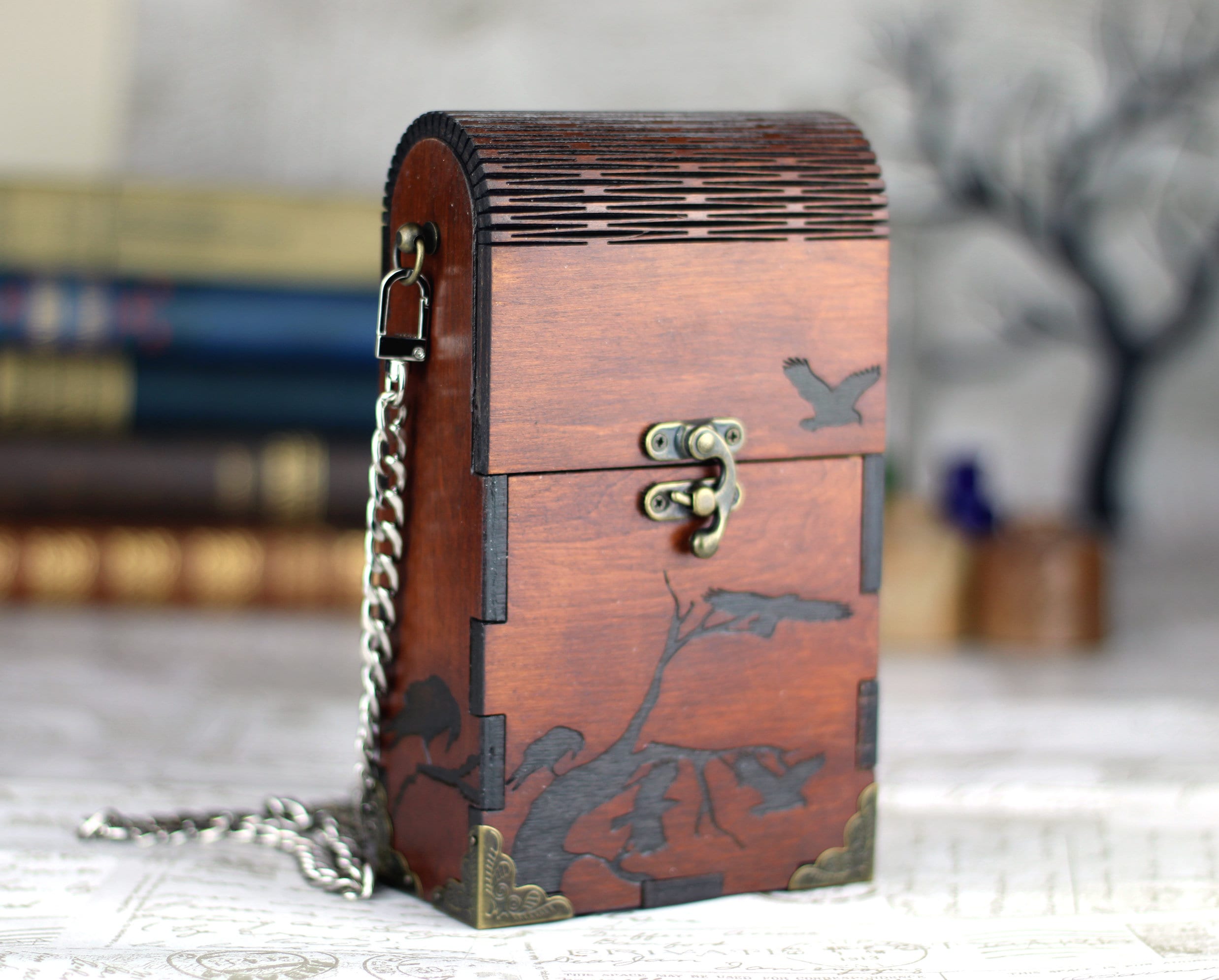 Gothic wooden shoulder purse with engraved crow design this cross